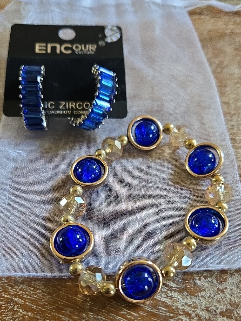 NWT ENCOUR Culture Blue Cubic Zirconia Earring & Bracelet Set. (BIN 011)